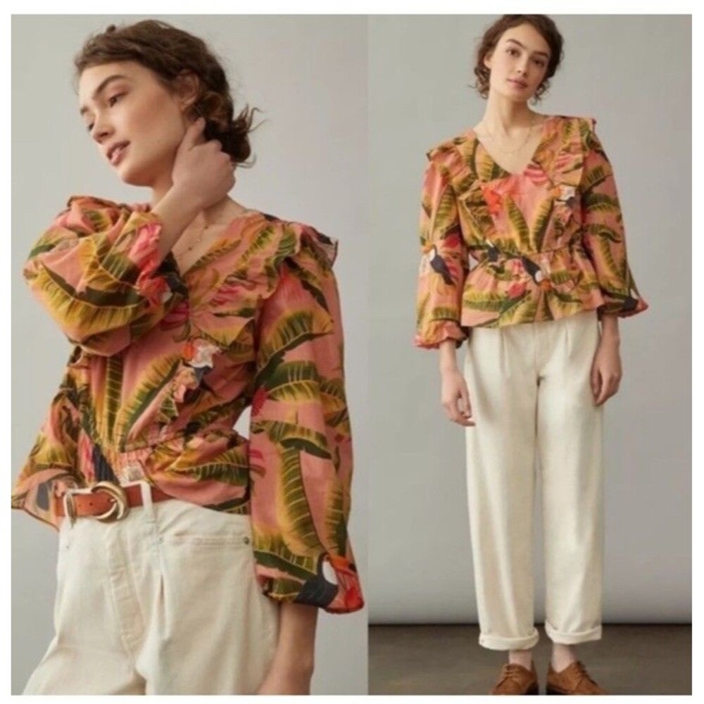 Farm Rio Anthropologie Yasmine Ruffled Blouse 100% Cotton Medium